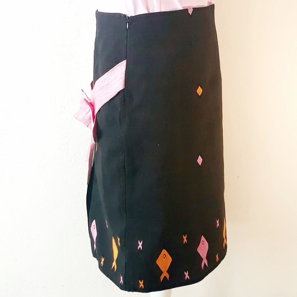 Handmade Black Midi Skirt + Pink Bow / Size XL 34" Embroidered Fish Skirt - Picture 11 of 15